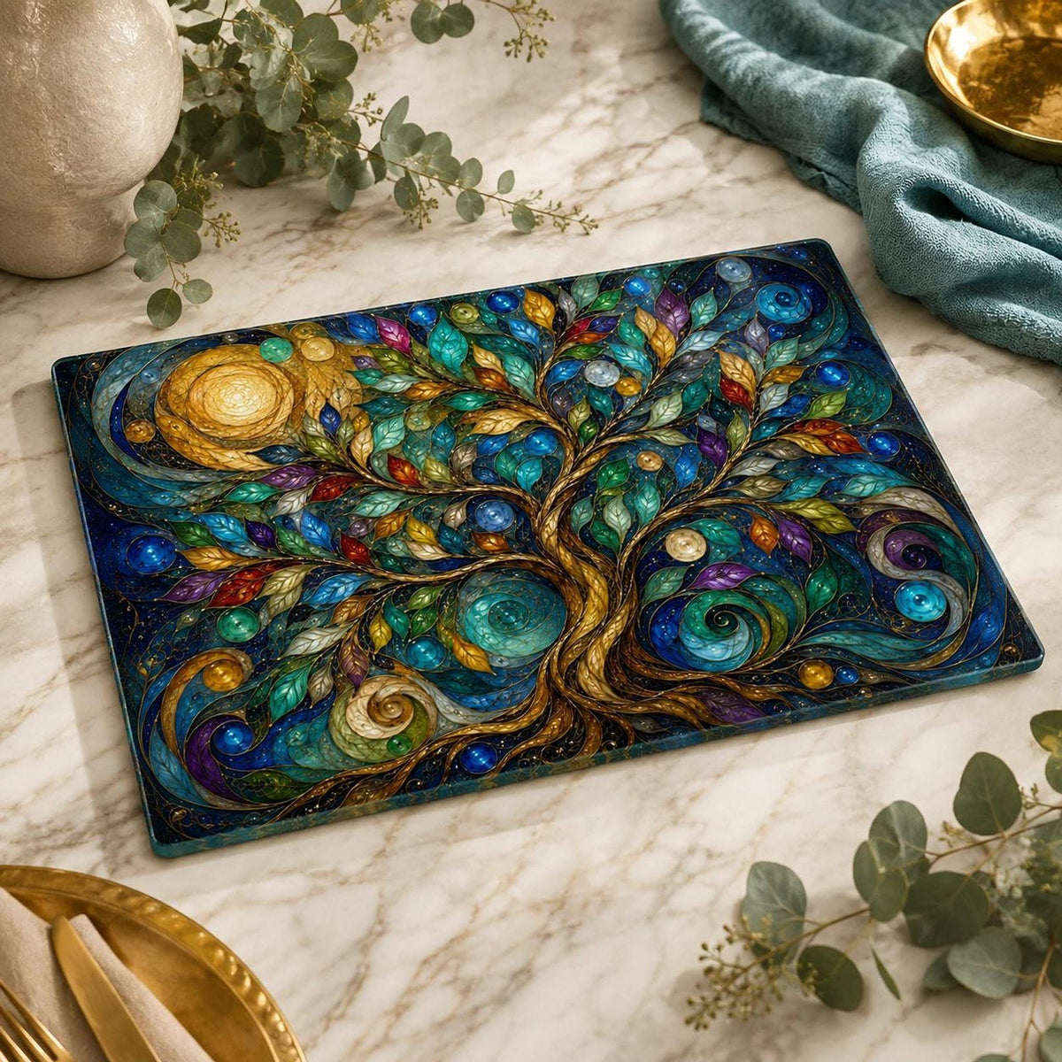 Charcuterie Tray, Tempered Glass Tree Of Life Botanical Design