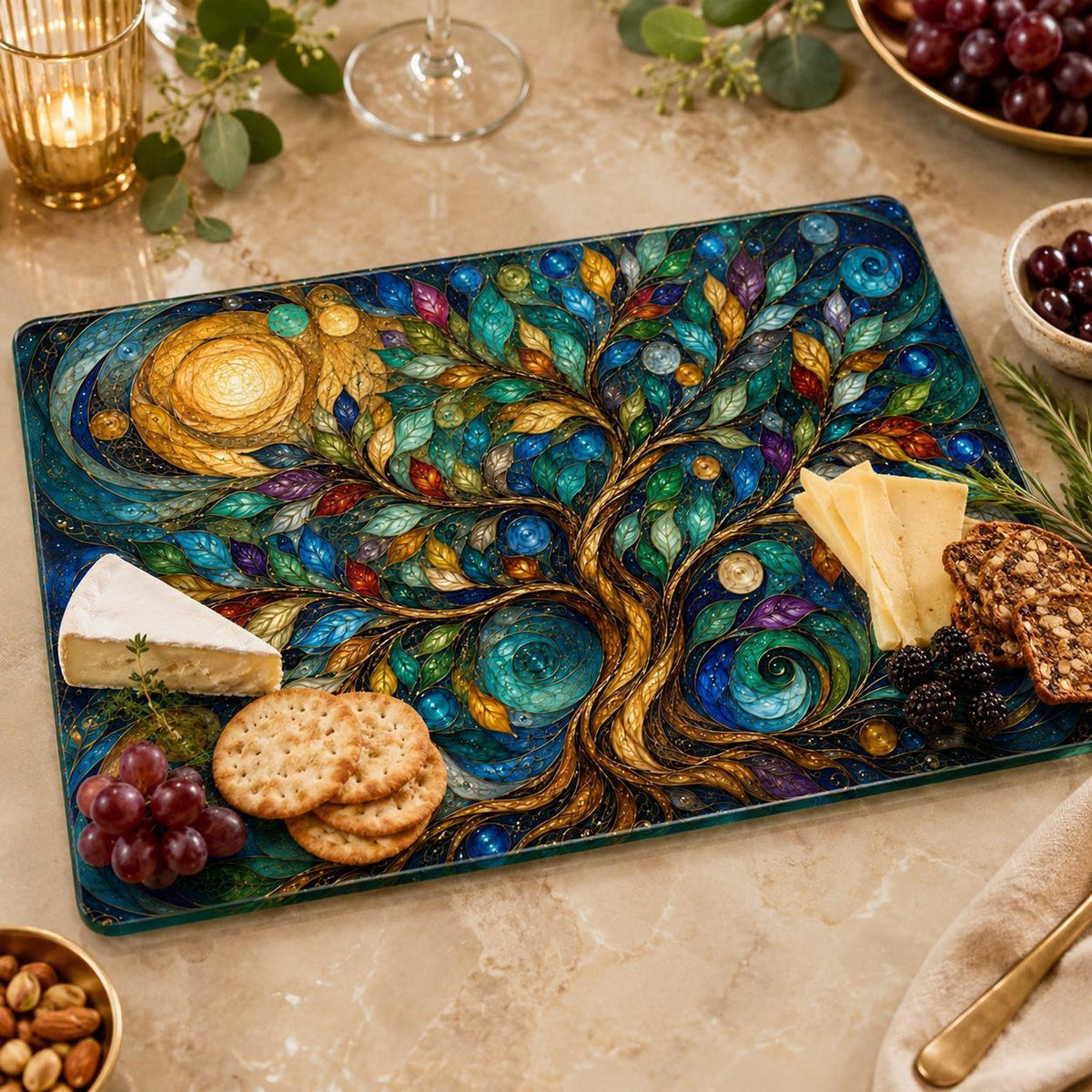 Charcuterie Tray, Tempered Glass Tree Of Life Botanical Design