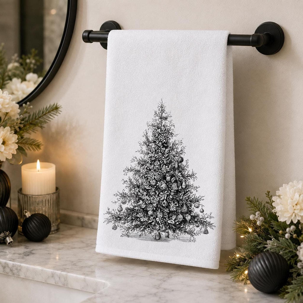Christmas Hand Towel, Black And White Tree Art, 15 × 25-Inch Powder Room Decor