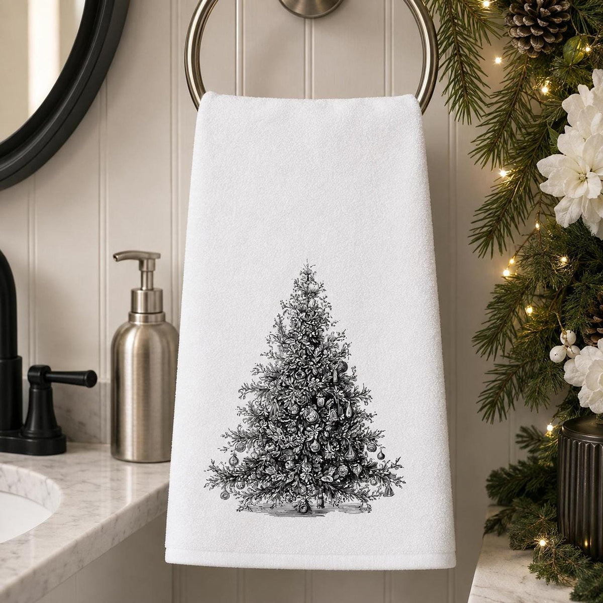 Christmas Hand Towel, Black And White Tree Art, 15 × 25-Inch Powder Room Decor