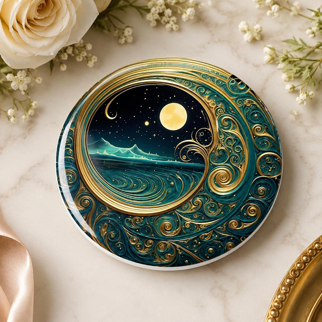 Moonlit Ocean Coaster, Celestial Coastal Decor, Teal Gold Art Nouveau Gift