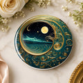 Moonlit Ocean Coaster, Celestial Coastal Decor, Teal Gold Art Nouveau Gift