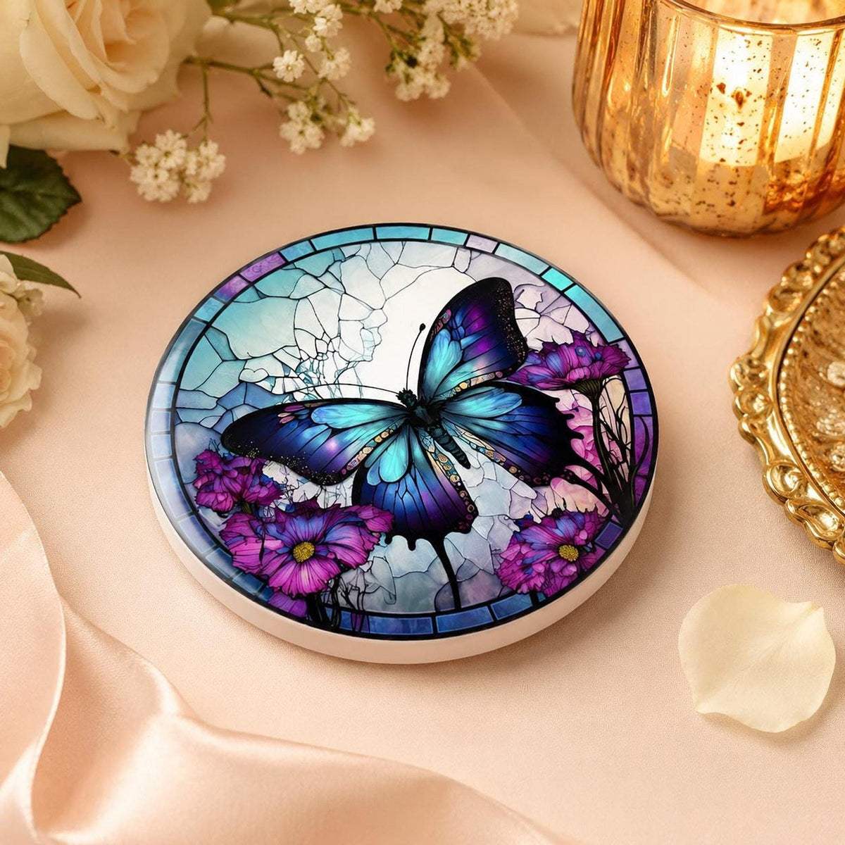 Blue Butterfly Coaster, Colorful Floral Design with Cork Backing