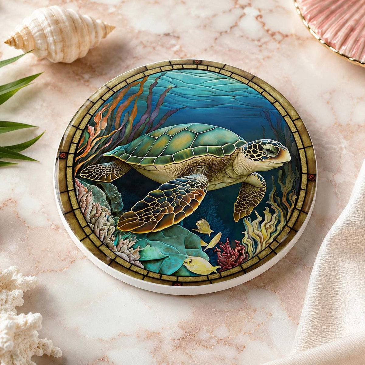 Sea Turtle Coaster, Colorful Ceramic Drink with Ocean Design