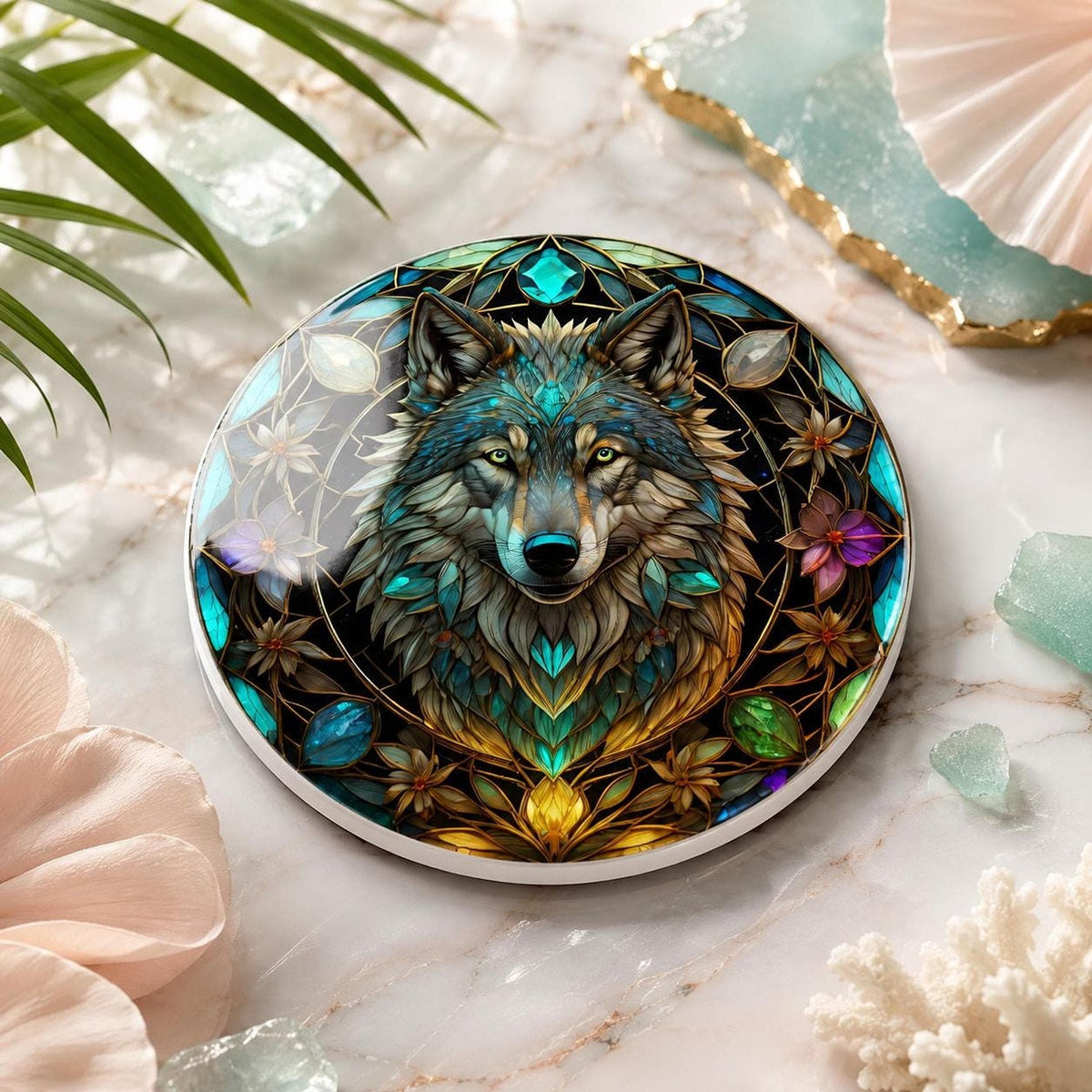 Wolf Coaster, Round Ceramic with Botanical Design, Custom Size Options and Finish