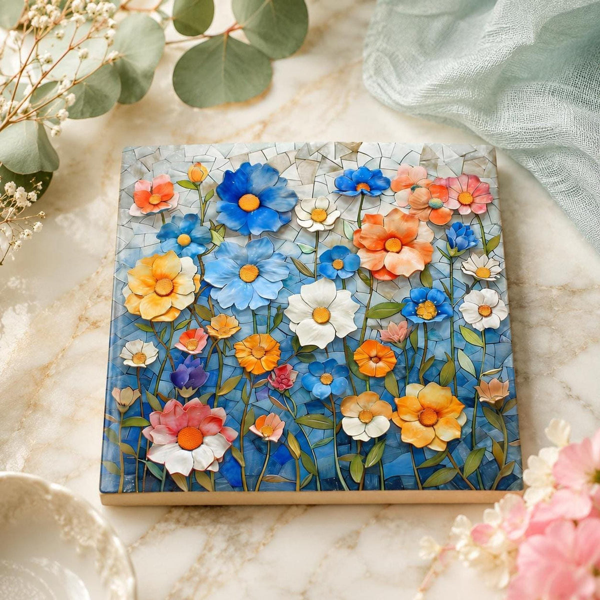 Floral Coaster, Square Ceramic with Mosaic Blue Flower Design