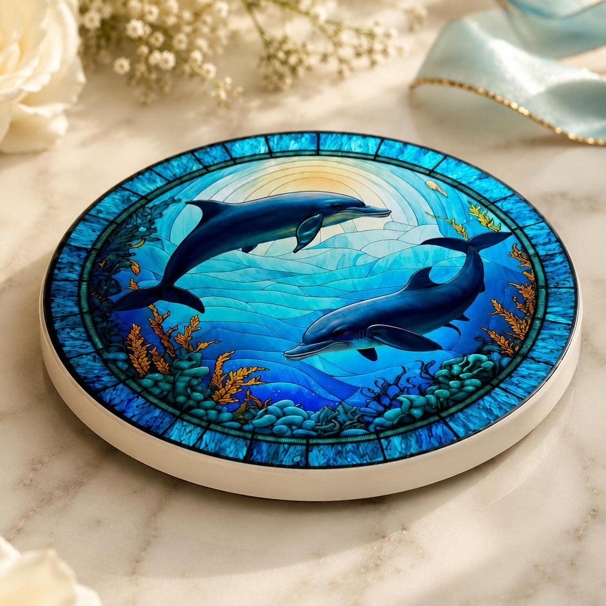 Dolphin Coaster, Colorful Ceramic Drink Holder with Ocean Wildlife Art