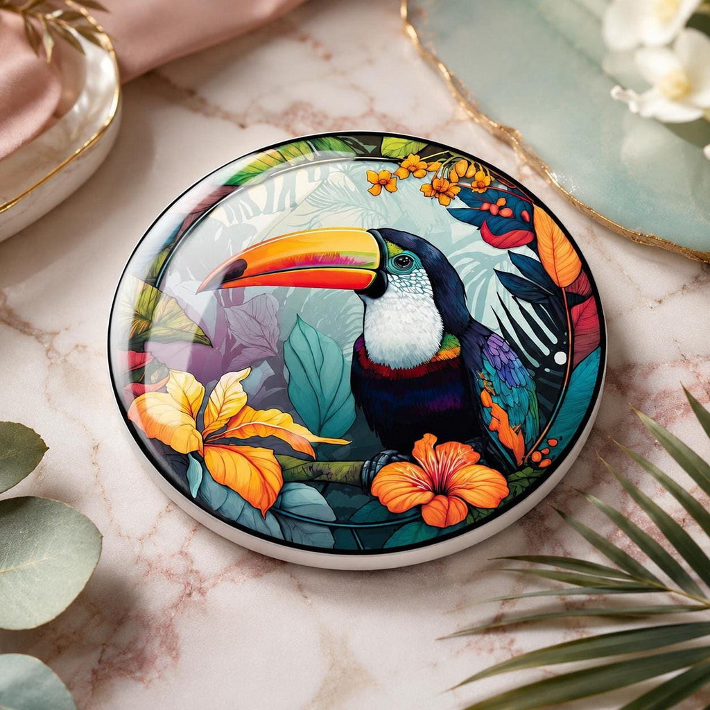 Tropical Toucan Ceramic Coaster, Colorful Jungle Bird Design