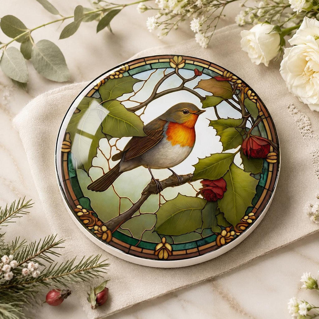 Robin Coaster, Round Ceramic Table Mat with Botanical Design
