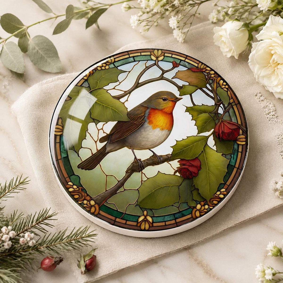 Robin Coaster, Round Ceramic Table Mat with Botanical Design