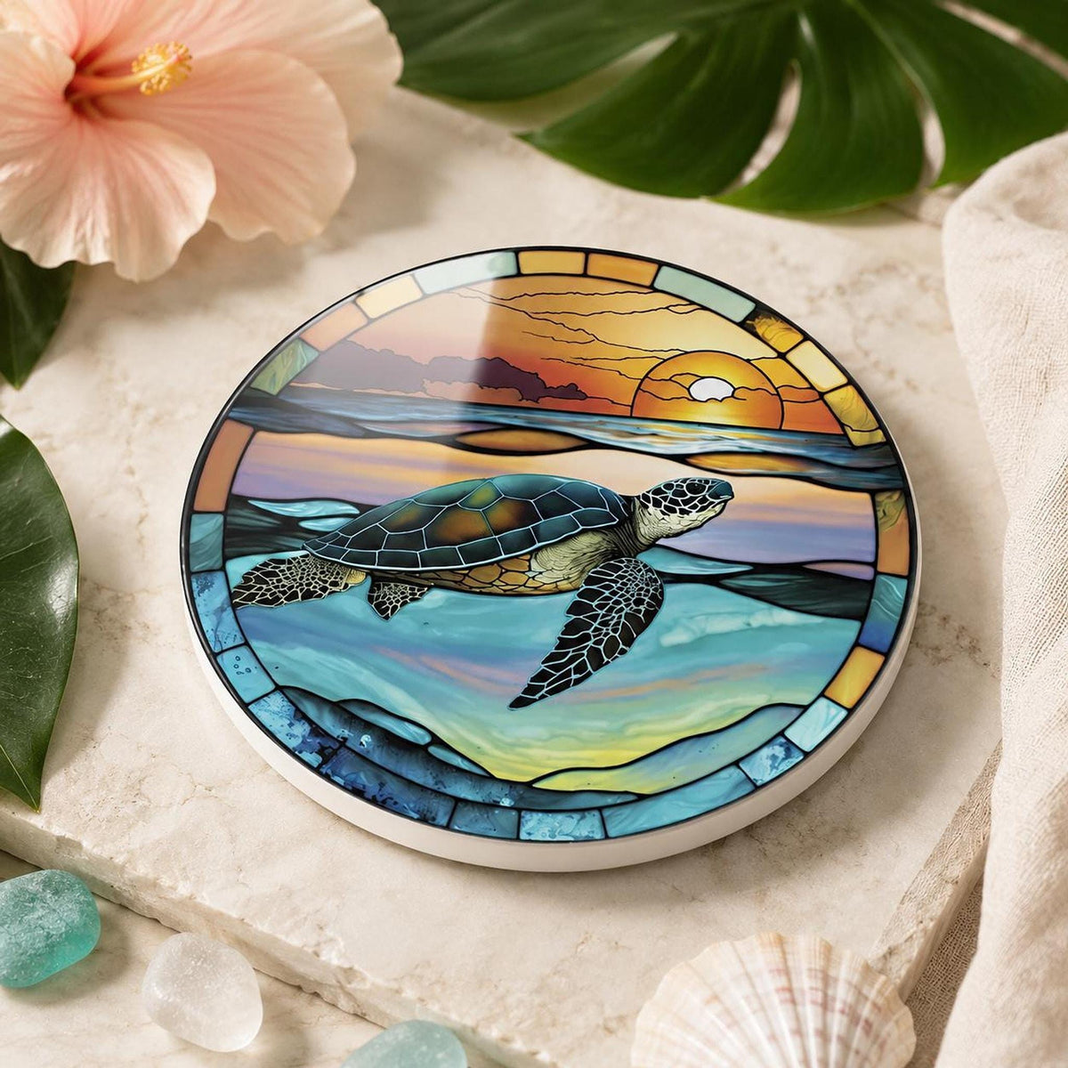 Sea Turtle Coaster, Round Ceramic Design with Glossy and Matte Options