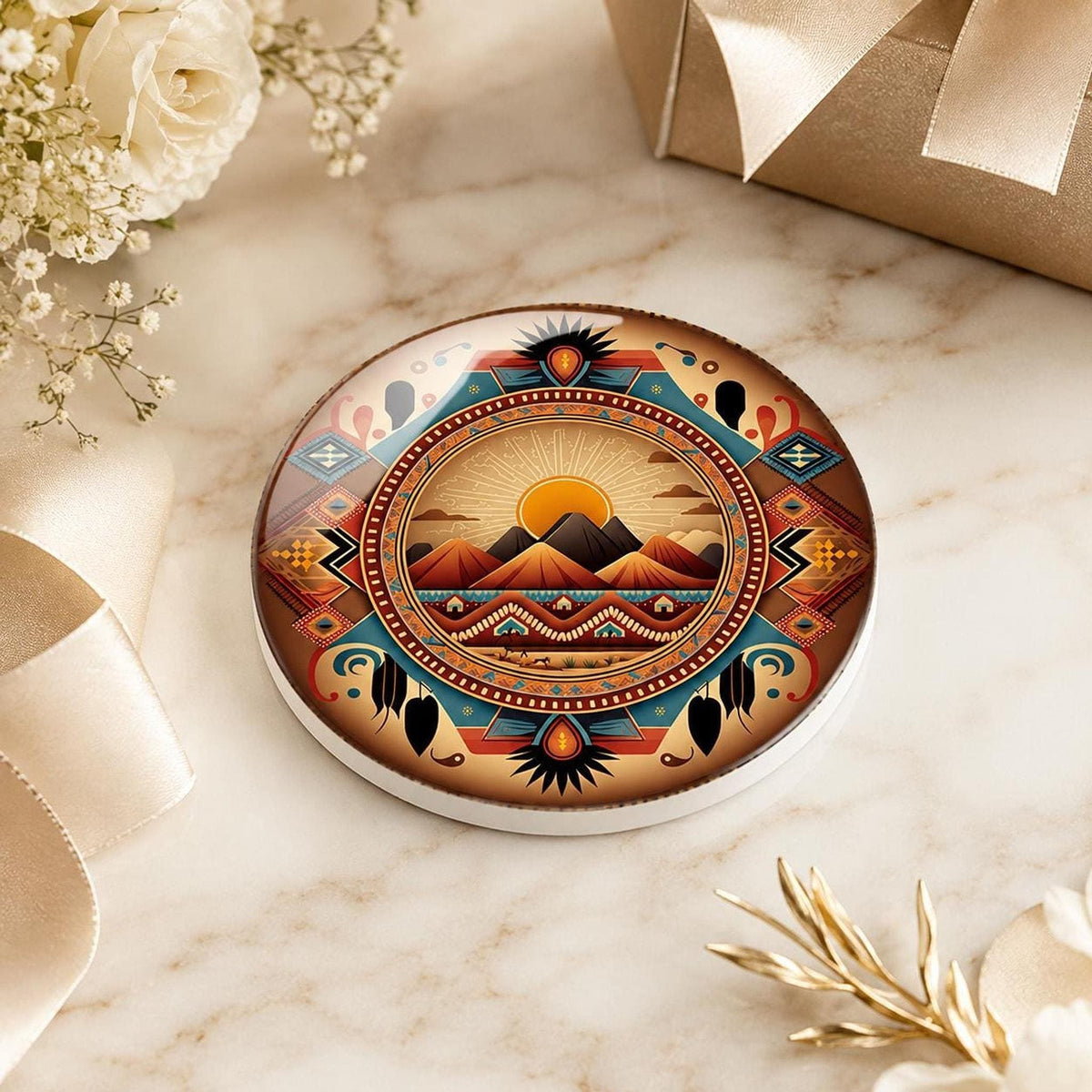 Southwest Coaster, Ceramic Drink Mat with Sunset Mountain Design