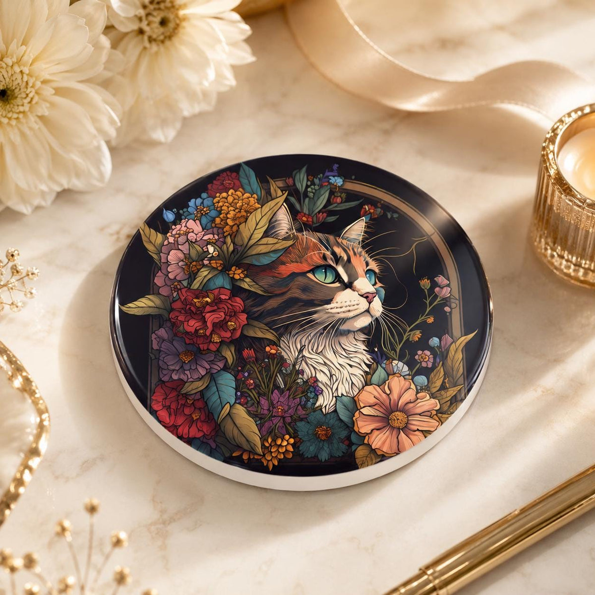 Floral Cat Ceramic Coaster, Luxe Pet Portrait Decor, Animal Lover Gift