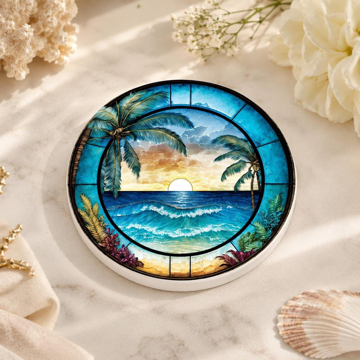 Tropical Sunset Ceramic Coaster Set, Coastal Art Drink Holders with Palm Trees