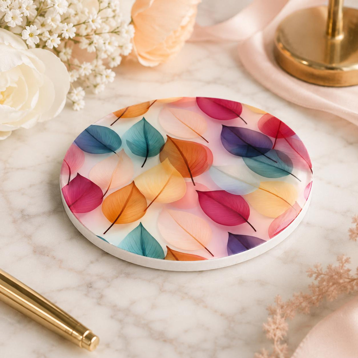 Colorful Leaf Ceramic Coaster, Botanical Drink Holder, Pastel Floral Table Decor