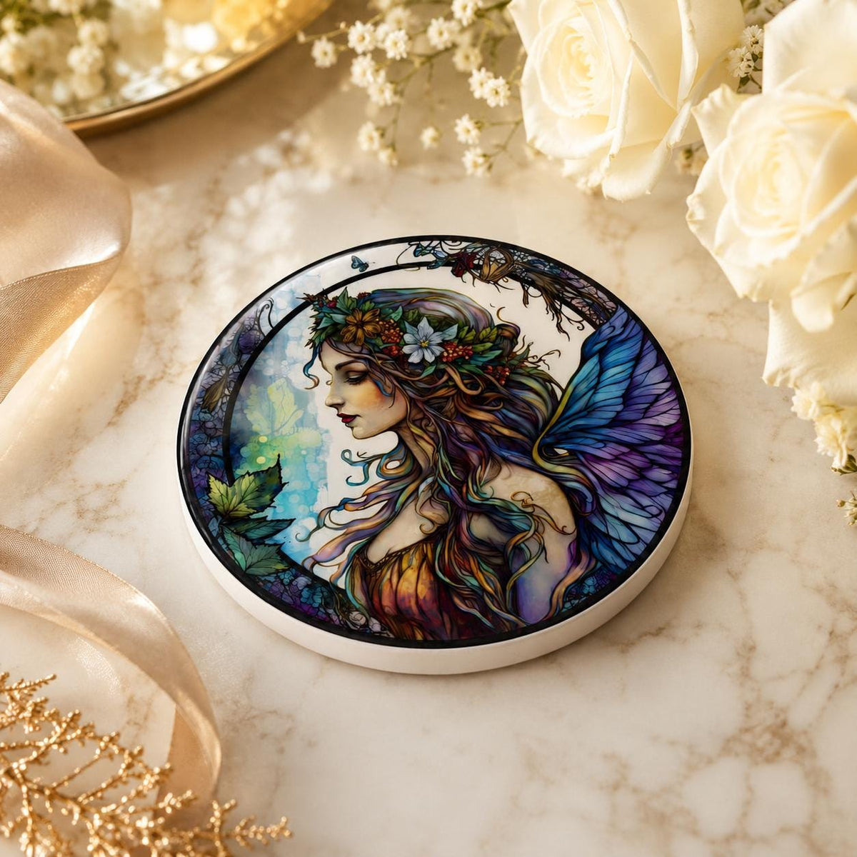 Fairy Art Ceramic Coaster, Fantasy Decor, Stained Glass Style, Whimsical Gift