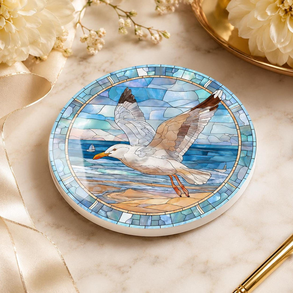 Seagull Coaster, Coastal Ceramic Art Design with Glossy Finish