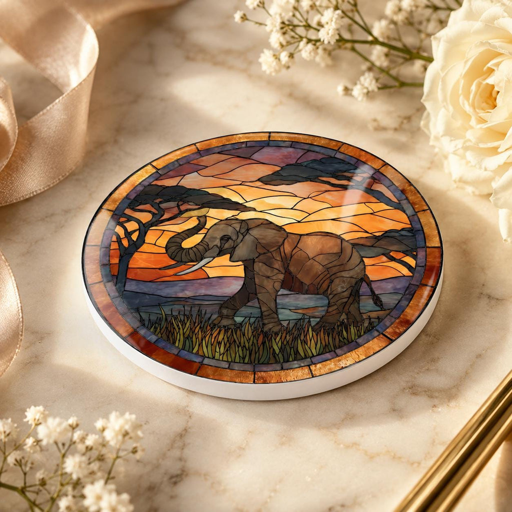 Elephant Ceramic Coaster, Safari Sunset Drink Mat, African Wildlife Table Decor