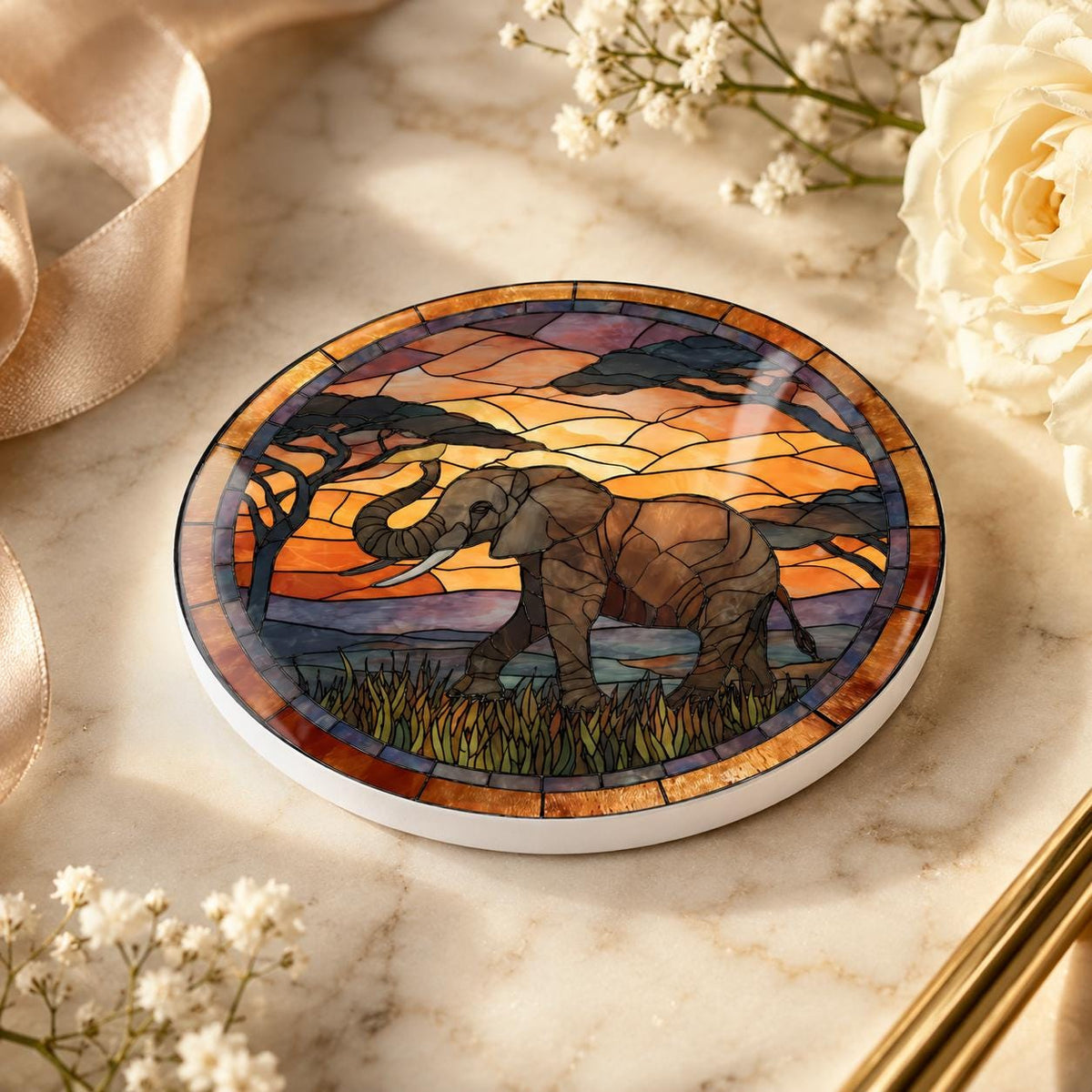 Elephant Ceramic Coaster, Safari Sunset Drink Mat, African Wildlife Table Decor