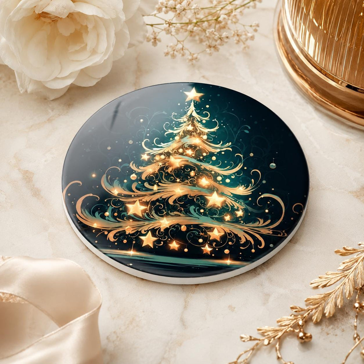 Christmas Tree Ceramic Coaster, Gold Teal Holiday Drinkware Decor, Luxe Winter Table Accent