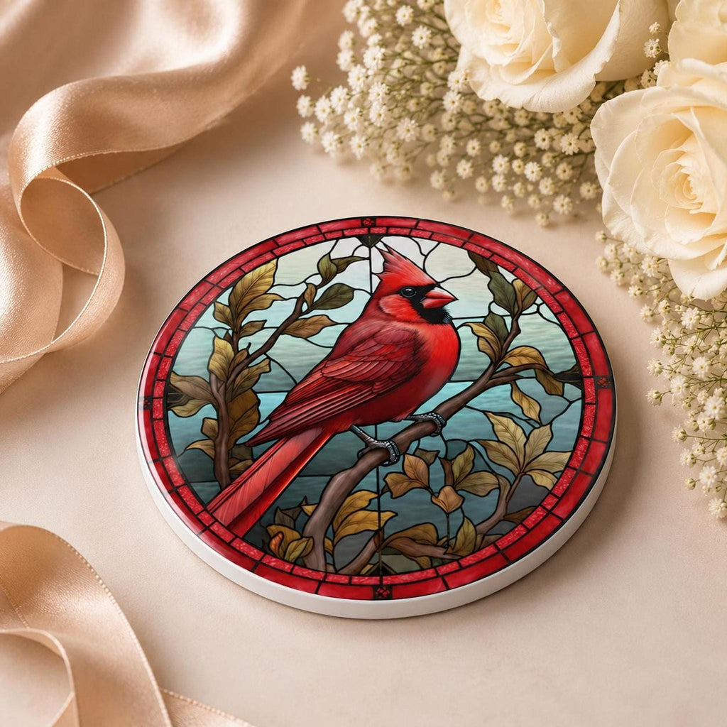 Cardinal Coaster, Vibrant Red Bird Design with Botanical Elements