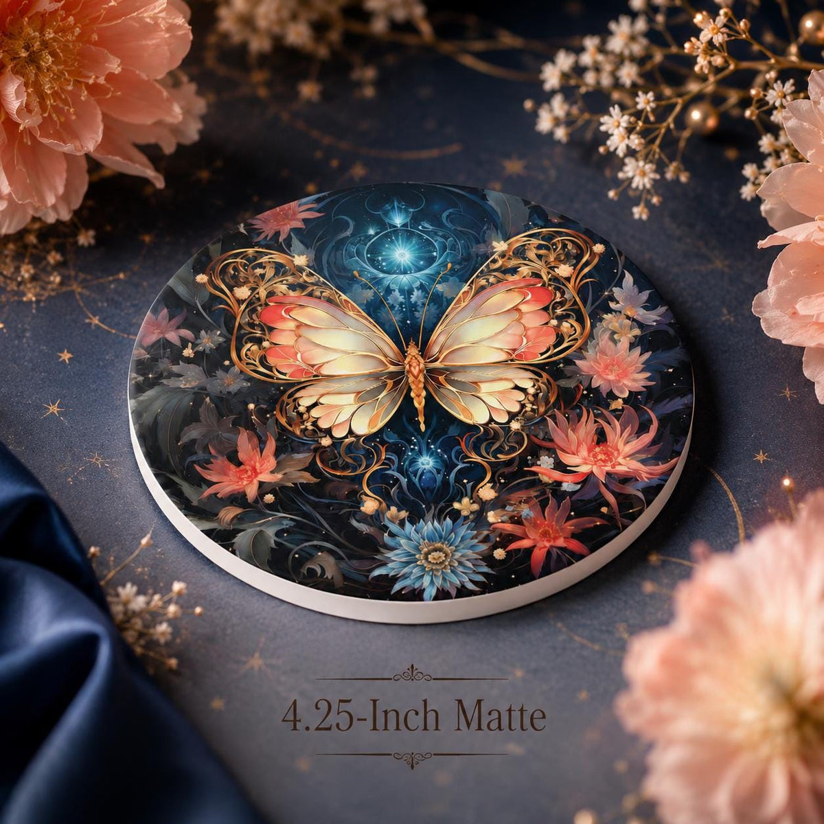 Butterfly Ceramic Coaster, Celestial Floral Decor, Garden Lover Gift, Elegant Home Accent