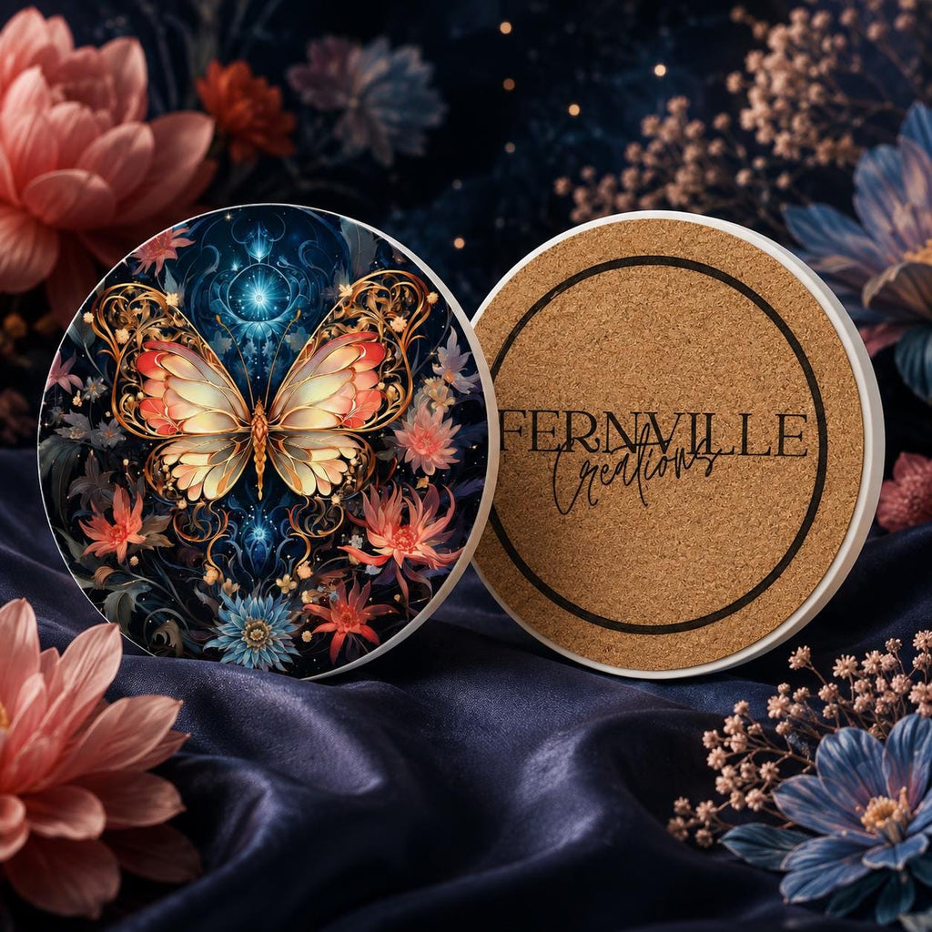 Butterfly Ceramic Coaster, Celestial Floral Decor, Garden Lover Gift, Elegant Home Accent