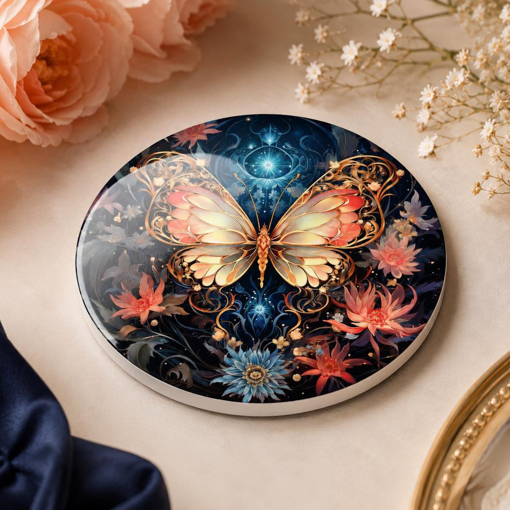 Butterfly Ceramic Coaster, Celestial Floral Decor, Garden Lover Gift, Elegant Home Accent