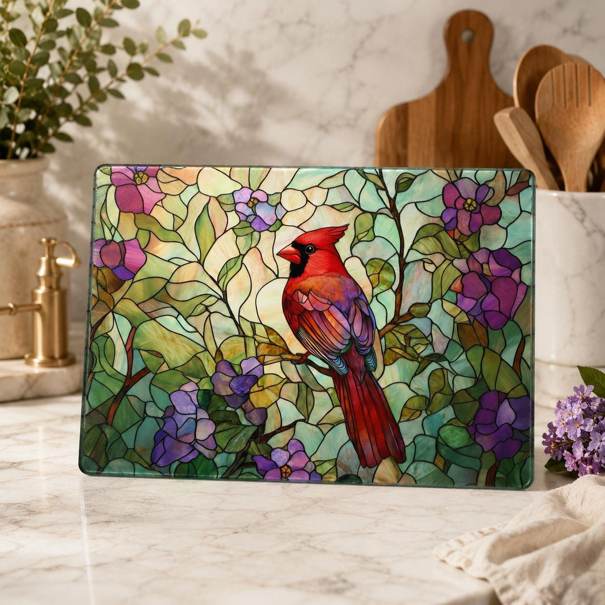 Cutting Board with Cardinal Design, Floral Charcuterie Tray in Tempered Glass