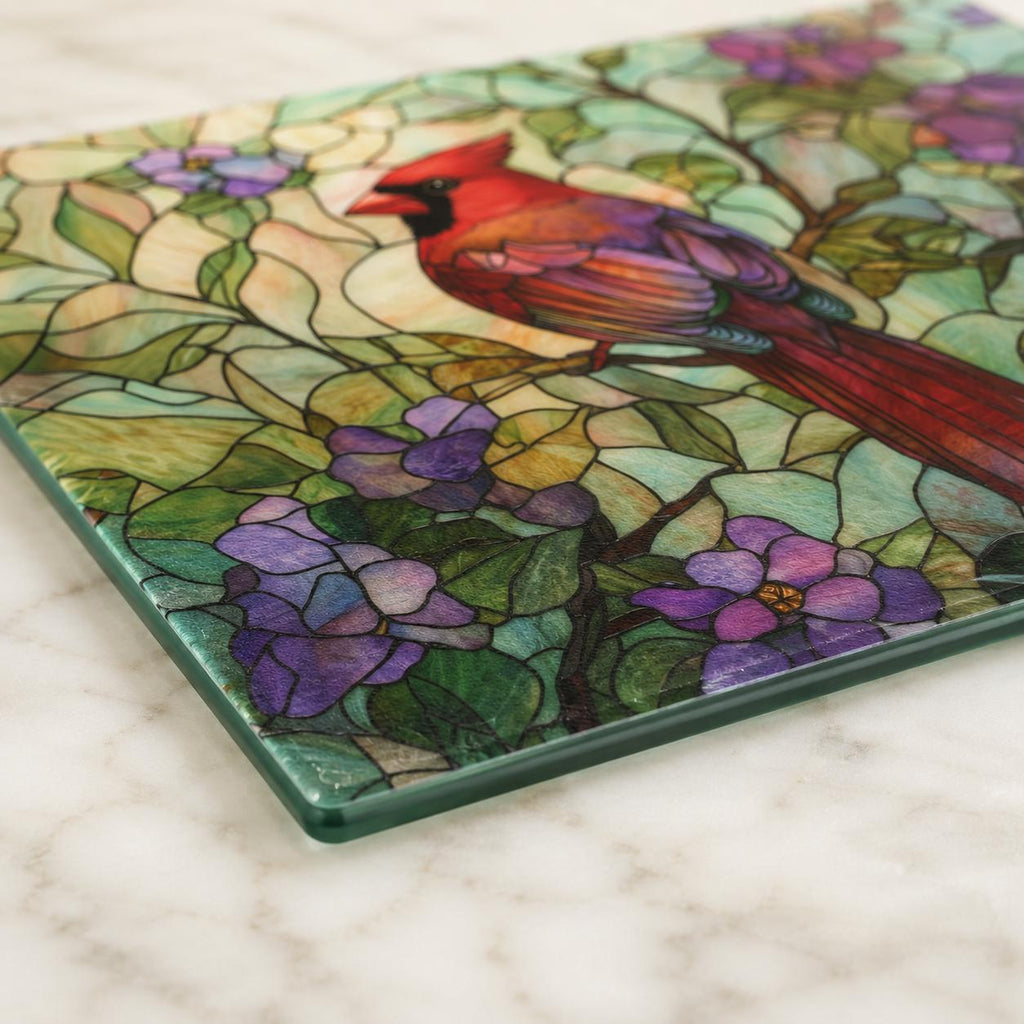 Cutting Board with Cardinal Design, Floral Charcuterie Tray in Tempered Glass