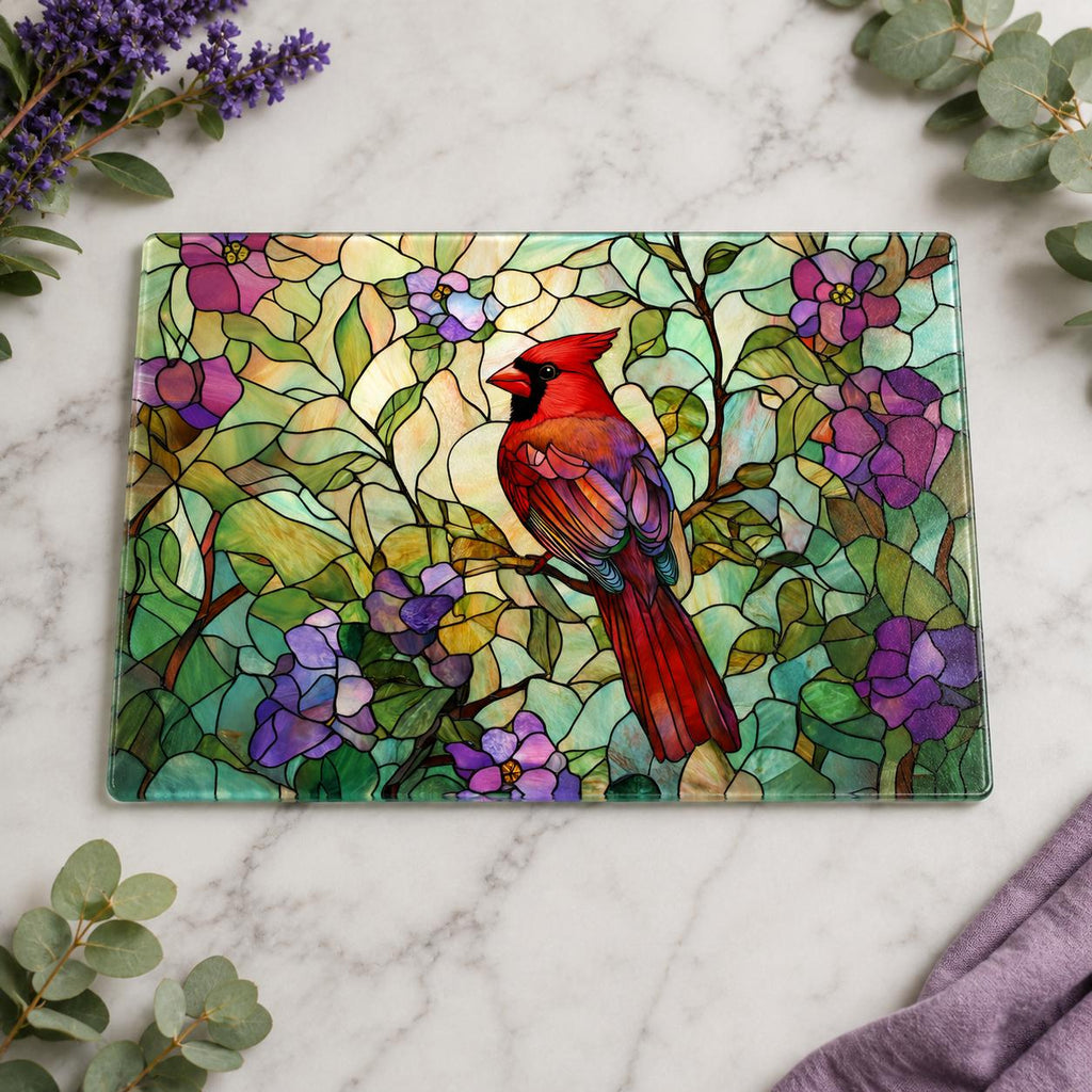 Cutting Board with Cardinal Design, Floral Charcuterie Tray in Tempered Glass