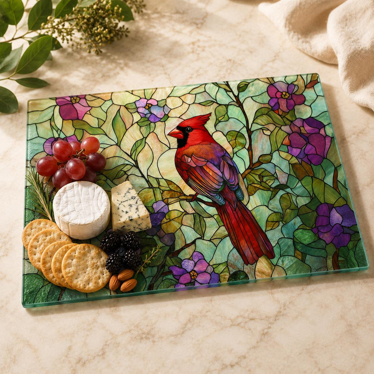 Cutting Board with Cardinal Design, Floral Charcuterie Tray in Tempered Glass