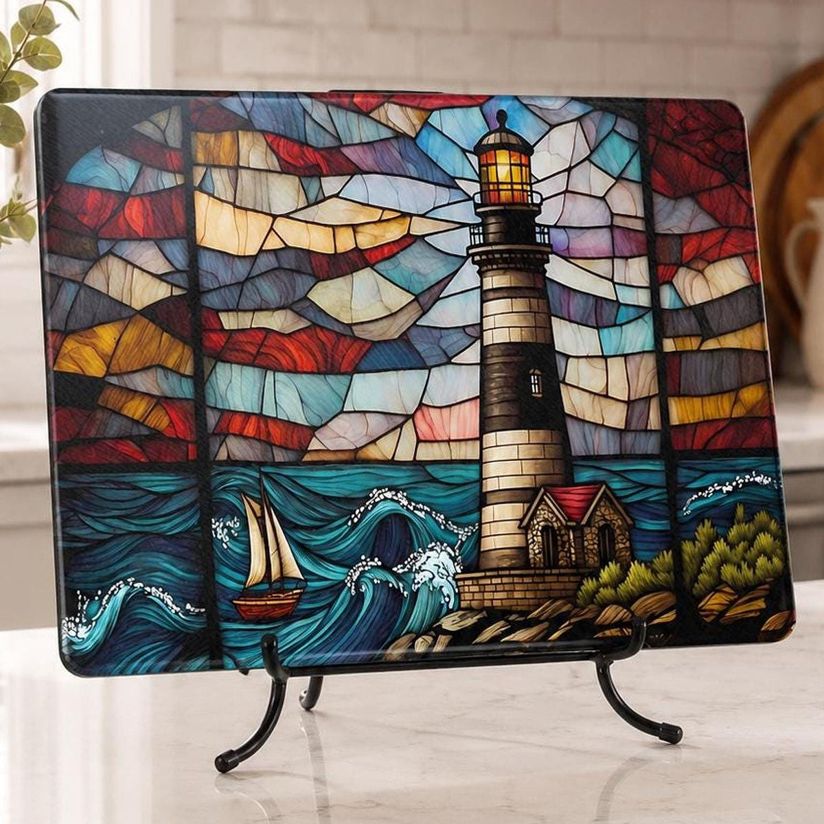 Lighthouse Glass Cutting Board, Coastal Serving Tray with Nautical Design