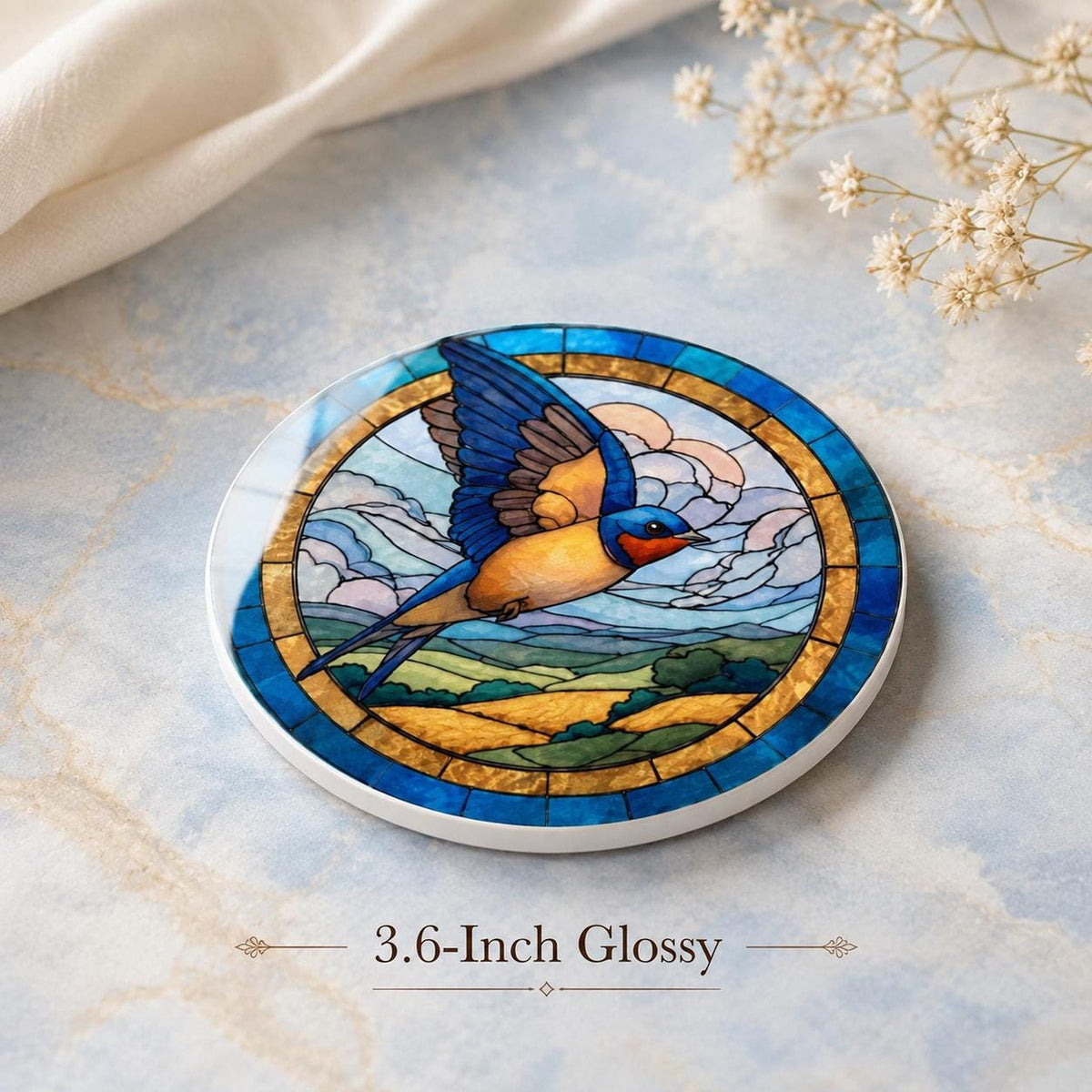Ceramic Coaster With Swallow Bird Art, Blue Gold Stained-Glass-Inspired Design