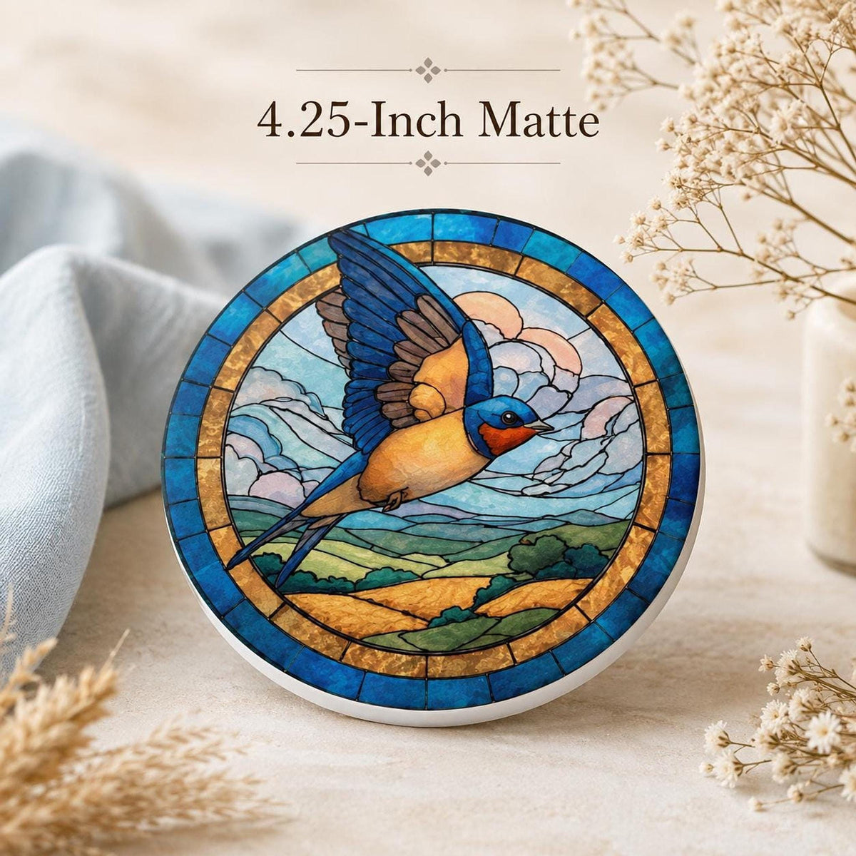 Ceramic Coaster With Swallow Bird Art, Blue Gold Stained-Glass-Inspired Design