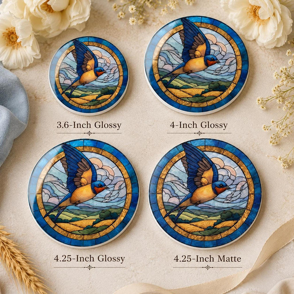 Ceramic Coaster With Swallow Bird Art, Blue Gold Stained-Glass-Inspired Design