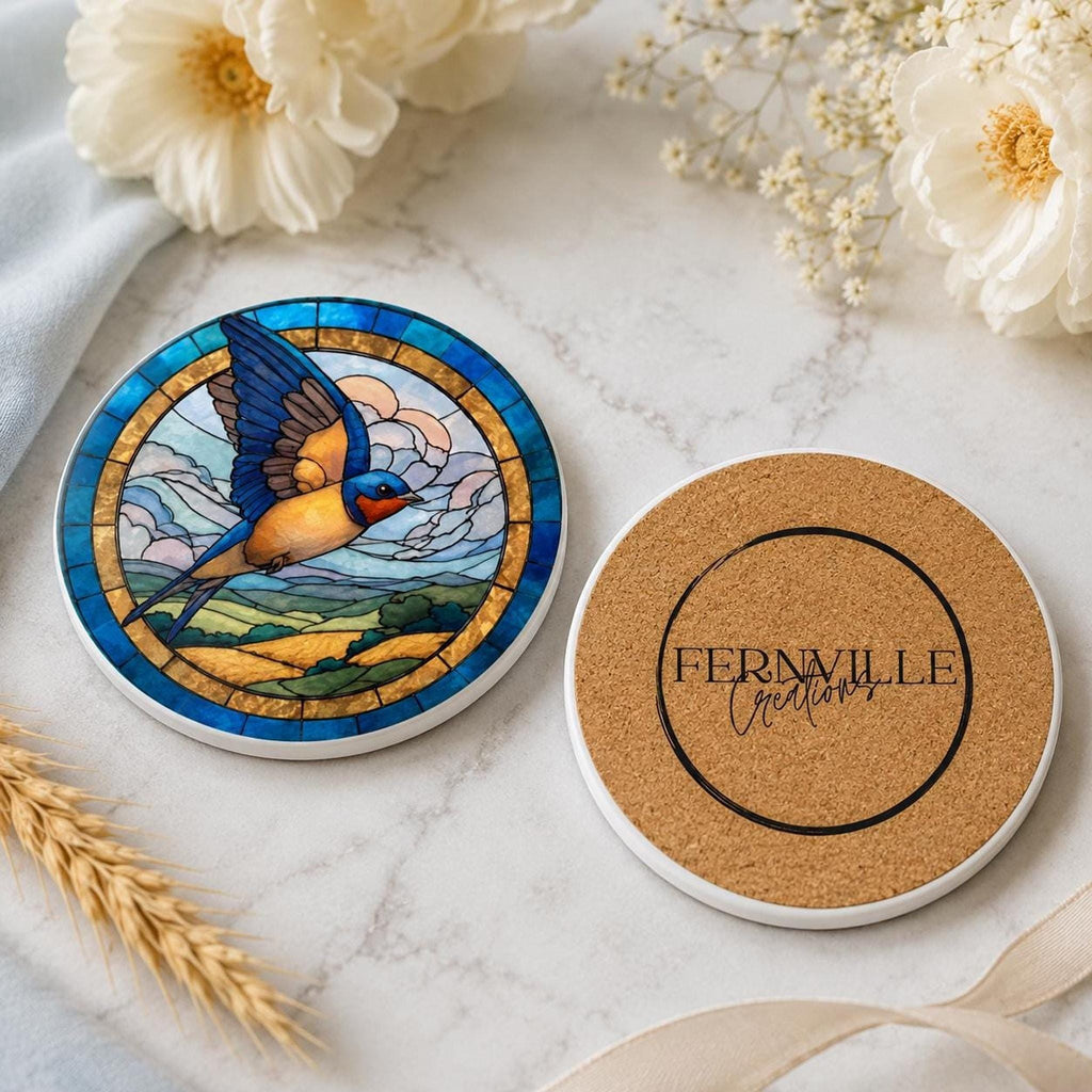 Ceramic Coaster With Swallow Bird Art, Blue Gold Stained-Glass-Inspired Design