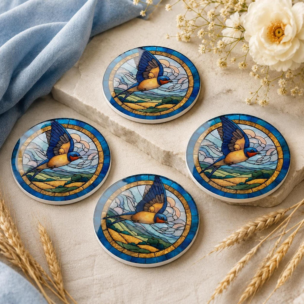 Ceramic Coaster With Swallow Bird Art, Blue Gold Stained-Glass-Inspired Design