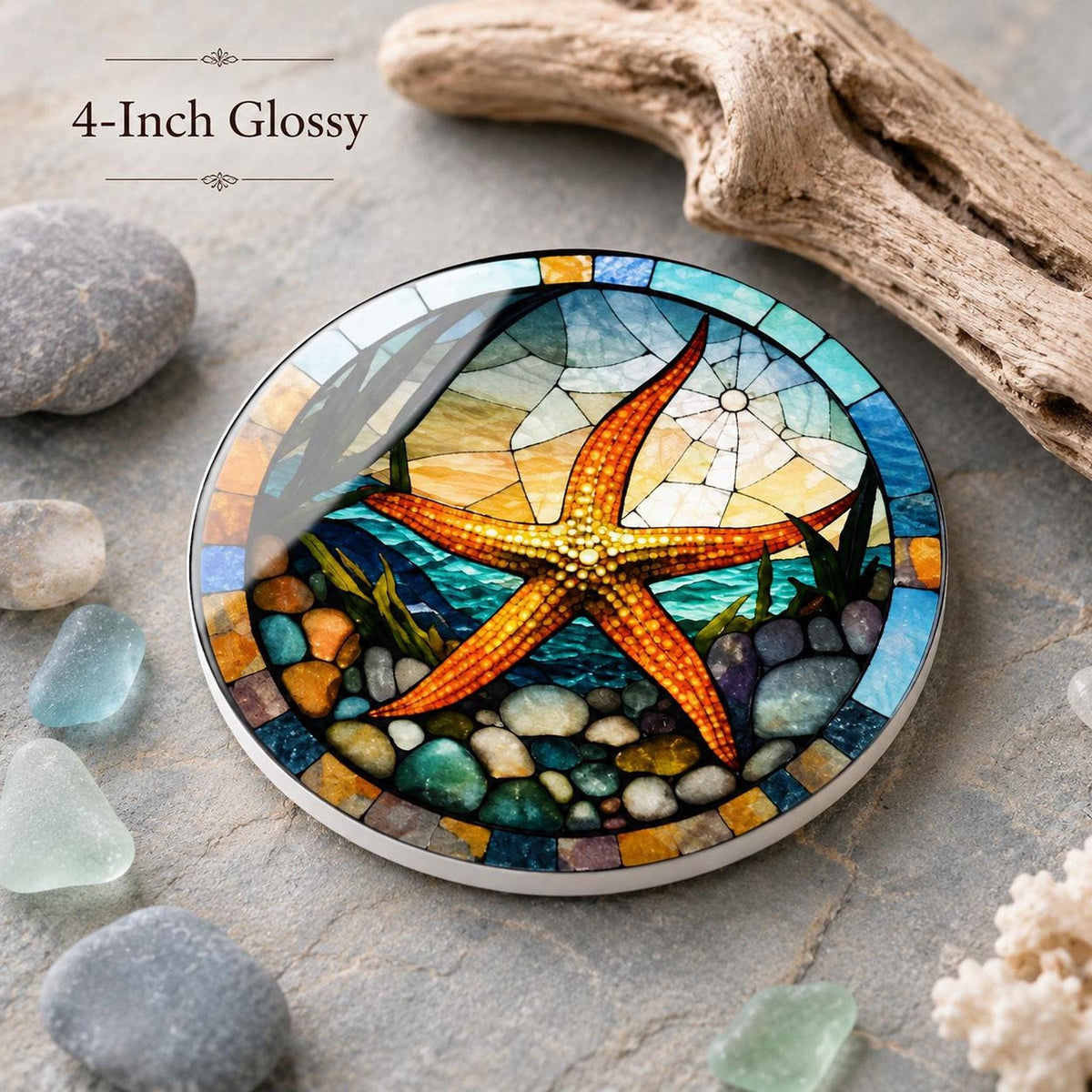 Starfish Ceramic Coaster, Stained Glass Coastal Decor, Ocean Lover Gift, Beach House Accent