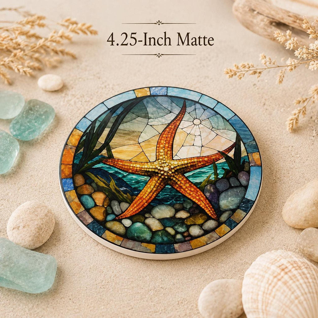 Starfish Ceramic Coaster, Stained Glass Coastal Decor, Ocean Lover Gift, Beach House Accent