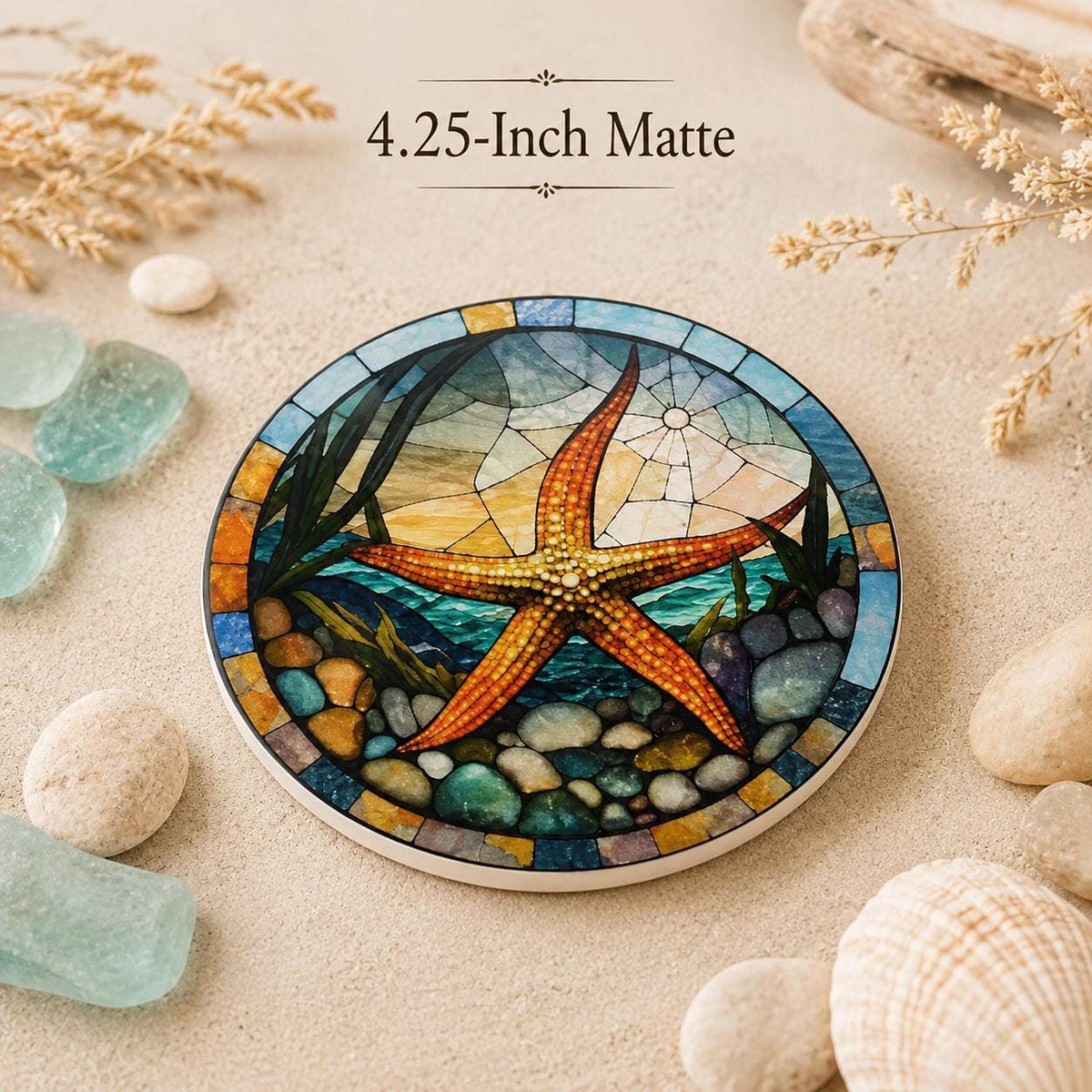 Starfish Ceramic Coaster, Stained Glass Coastal Decor, Ocean Lover Gift, Beach House Accent