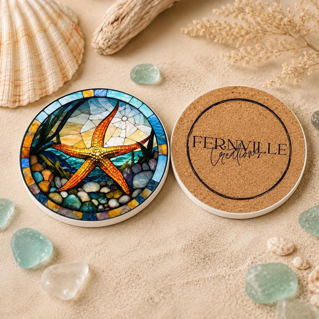 Starfish Ceramic Coaster, Stained Glass Coastal Decor, Ocean Lover Gift, Beach House Accent