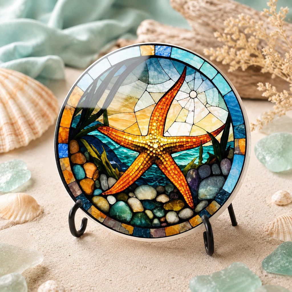 Starfish Ceramic Coaster, Stained Glass Coastal Decor, Ocean Lover Gift, Beach House Accent