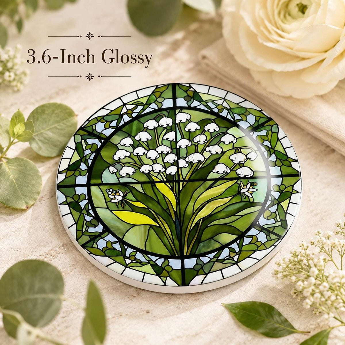 Lily of the Valley Ceramic Coaster, Stained Glass Floral Decor, Botanical Flower Lover Gift