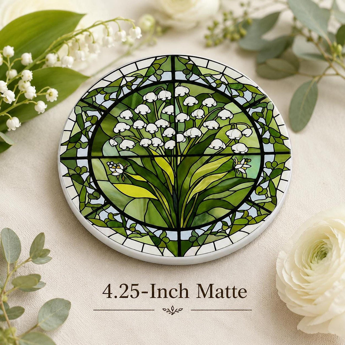 Lily of the Valley Ceramic Coaster, Stained Glass Floral Decor, Botanical Flower Lover Gift