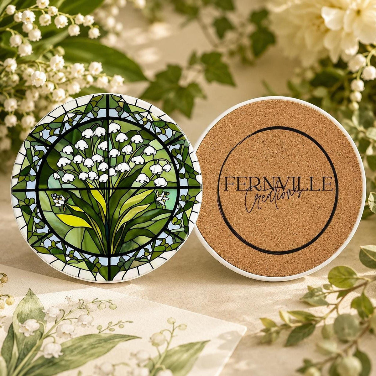 Lily of the Valley Ceramic Coaster, Stained Glass Floral Decor, Botanical Flower Lover Gift