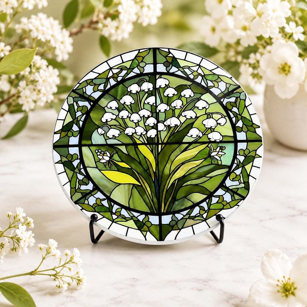 Lily of the Valley Ceramic Coaster, Stained Glass Floral Decor, Botanical Flower Lover Gift