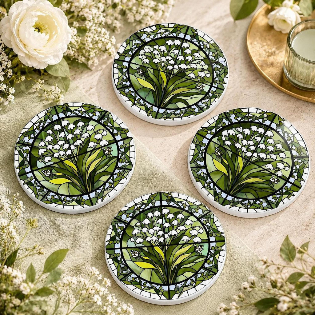 Lily of the Valley Ceramic Coaster, Stained Glass Floral Decor, Botanical Flower Lover Gift