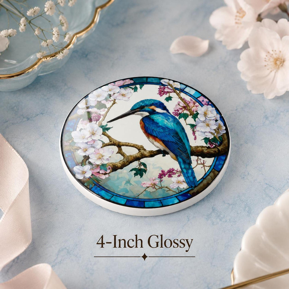 Nature Table Decor Kingfisher Ceramic Coaster, Floral Blue Bird Design