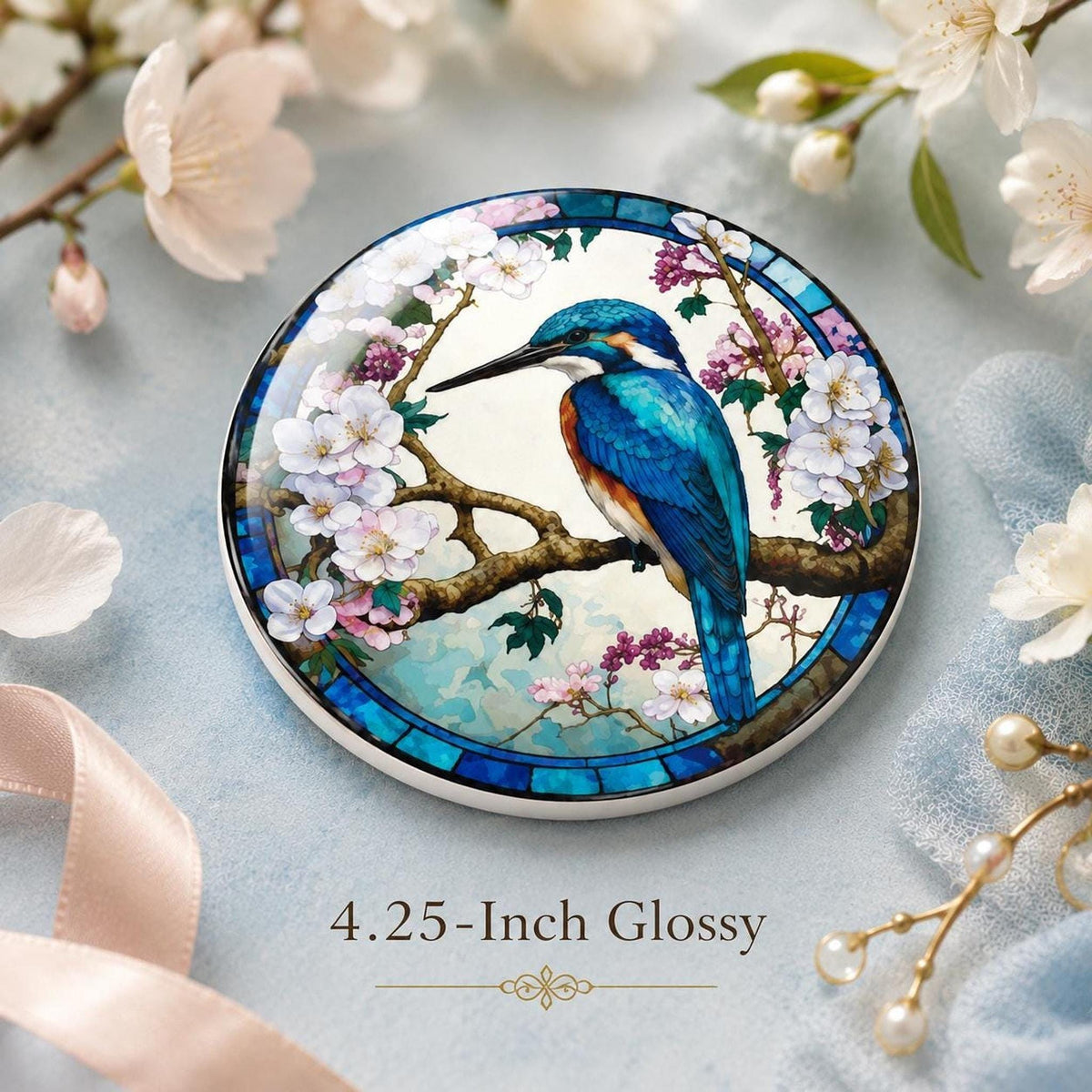 Nature Table Decor Kingfisher Ceramic Coaster, Floral Blue Bird Design
